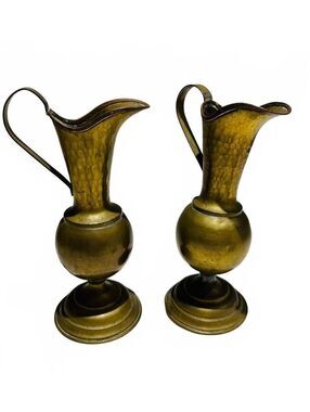 Pair of Vintage Hammered Metal Ewer Pitchers with Handle & Flared Spout